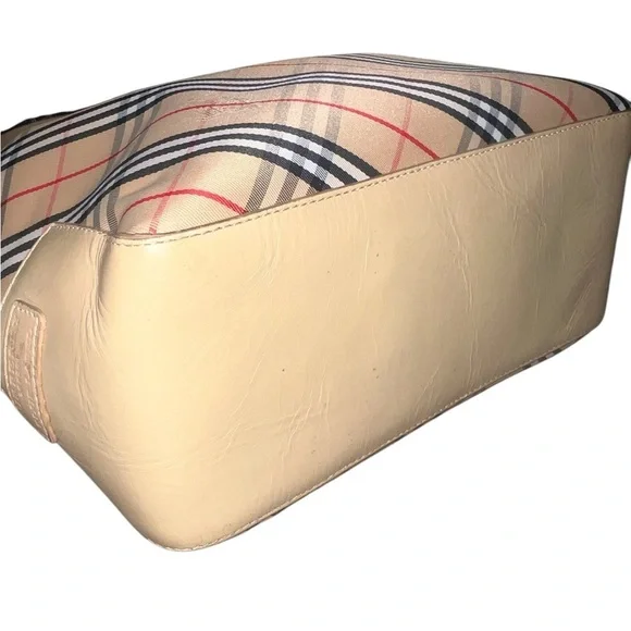 Burberry Nova Check Canvas Leather Tote Tan Black Red Traditional Plaid Pleated - Picture 5 of 16